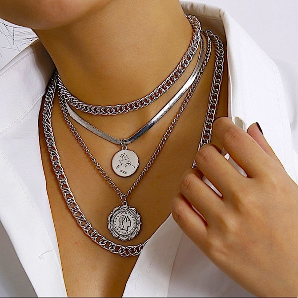 SILVER COIN VINTAGE MULTILAYER MINIMALIST RETRO NECKLACE